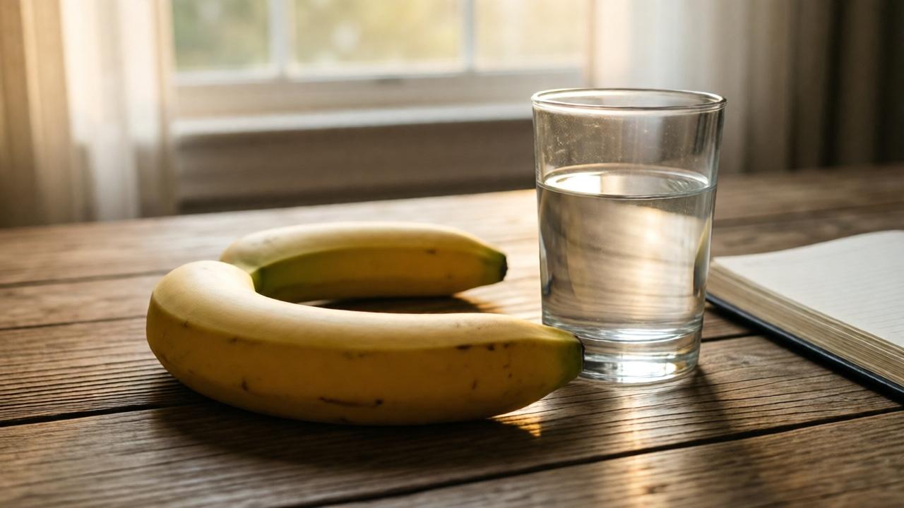 A ripe banana lies on a wooden table next to a glass of water and a notebook, gentle morning light falls through a window, warm and soothing atmosphere, natural style, close-up