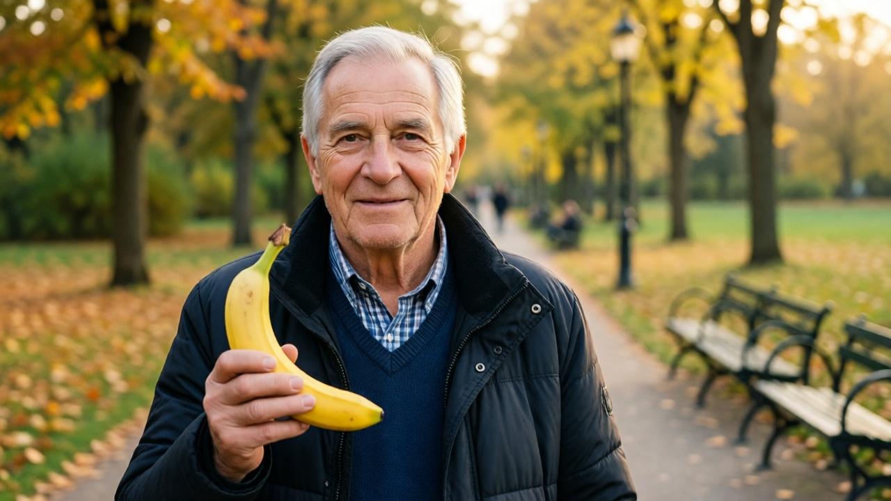 An older person holds a banana in hand while walking in the park, autumn landscape in the background, soft afternoon light, relaxed and healthy lifestyle, realistic depiction