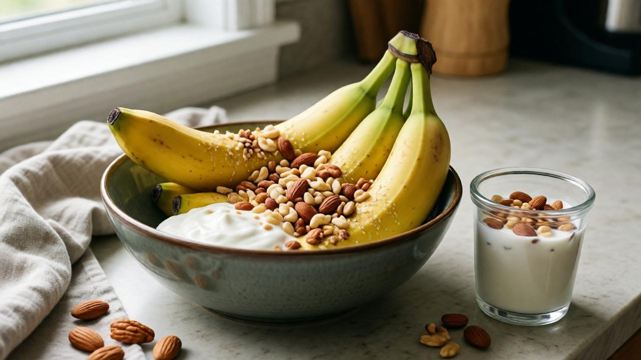 A still life with a bowl of bananas, yogurt, and nuts on a kitchen counter, harmonious composition with natural textures, bright indirect light, appetizing and inviting, photographic style