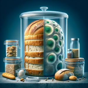 A glass with sliced bread, one half fresh, the other half covered in mold, surrounded by food jars