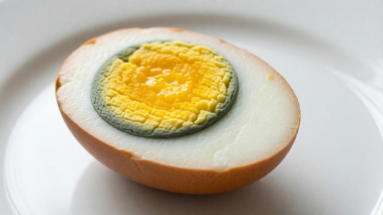 A close-up, macro photography shot of a perfectly sliced hard-boiled egg on a white plate, showing a faint gray-green ring around the bright yellow yolk, with soft, natural lighting highlighting the textures and a clean, minimalist composition.