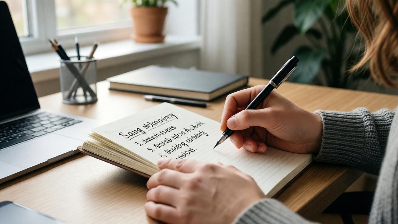 A tranquil morning setting featuring an individual at a neat desk, jotting down three priorities in a notebook as gentle daylight streams through a window, minimalist aesthetic, peaceful and concentrated ambiance, close-up framing.