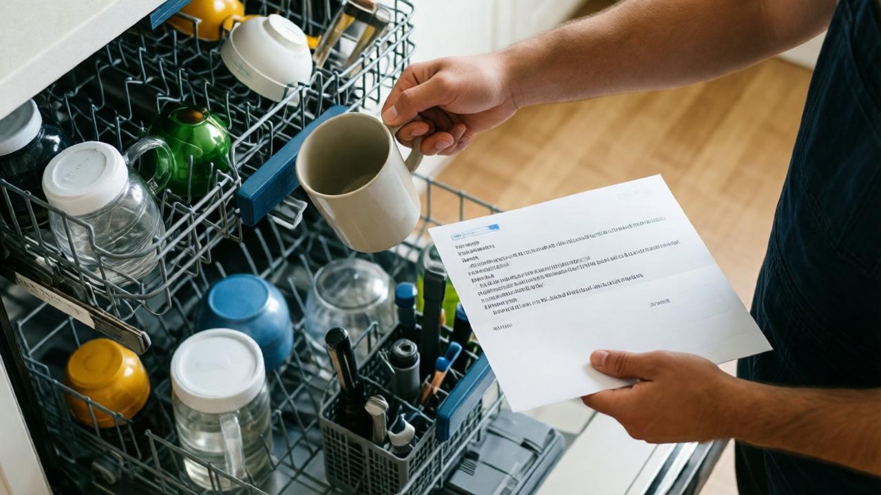 A person's hands promptly managing quick duties such as putting a mug in the dishwasher and composing a brief email, lively and productive vibe, well-lit scene, overhead view conveying action and organization.