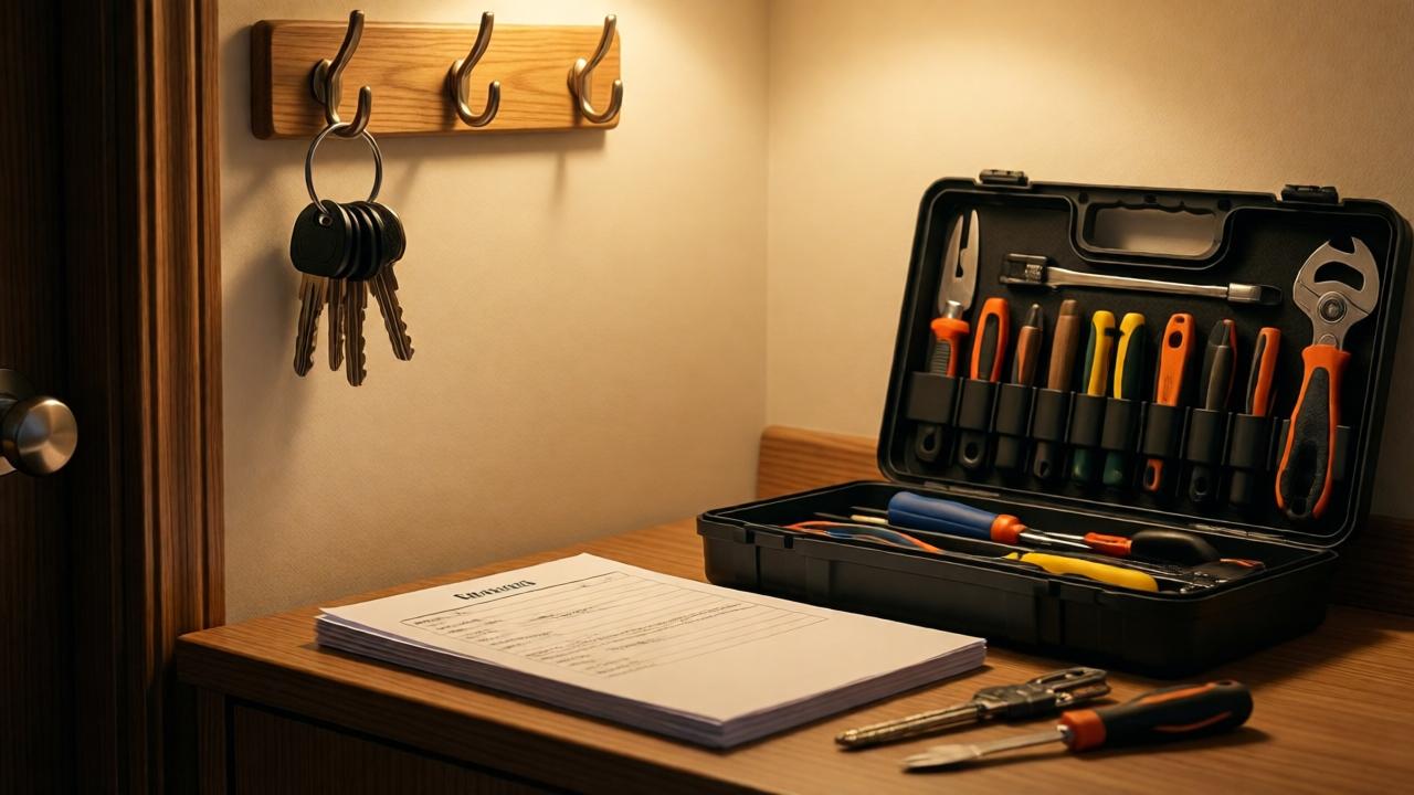 An orderly entry area with keys on a hook, a bill filed neatly, and tools stored in a toolbox, cozy evening glow, serene and methodical mood, wide shot illustrating consistency and simplicity.