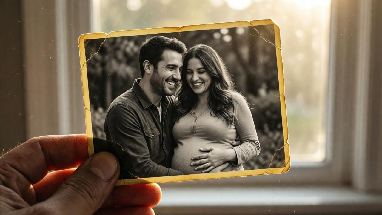 A close-up of a weathered hand holding a yellowed, black-and-white photograph. The photo shows a young, smiling man with his arm around a visibly pregnant woman, both radiating joy. The scene is lit by soft, nostalgic afternoon light filtering through a window, highlighting the dust motes in the air and the cracks in the photograph's edges. The focus is on the couple's happy expressions and the woman's hand resting on her belly. The style is photorealistic with a slight vintage film grain.