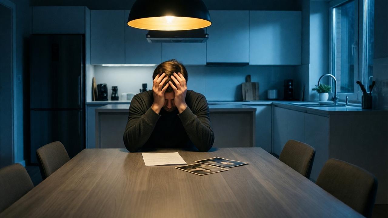 A man sits alone at a large, empty dining table in a modern, coldly lit kitchen at night. His head is in his hands, a single, opened letter and an old photograph lying before him. The scene is stark and melancholic, with sharp shadows and cool blue tones contrasting with the warm, golden glow of a pendant light above the table, which illuminates the letter. The composition emphasizes his isolation and the weight of the revelation. The style is cinematic and dramatic.