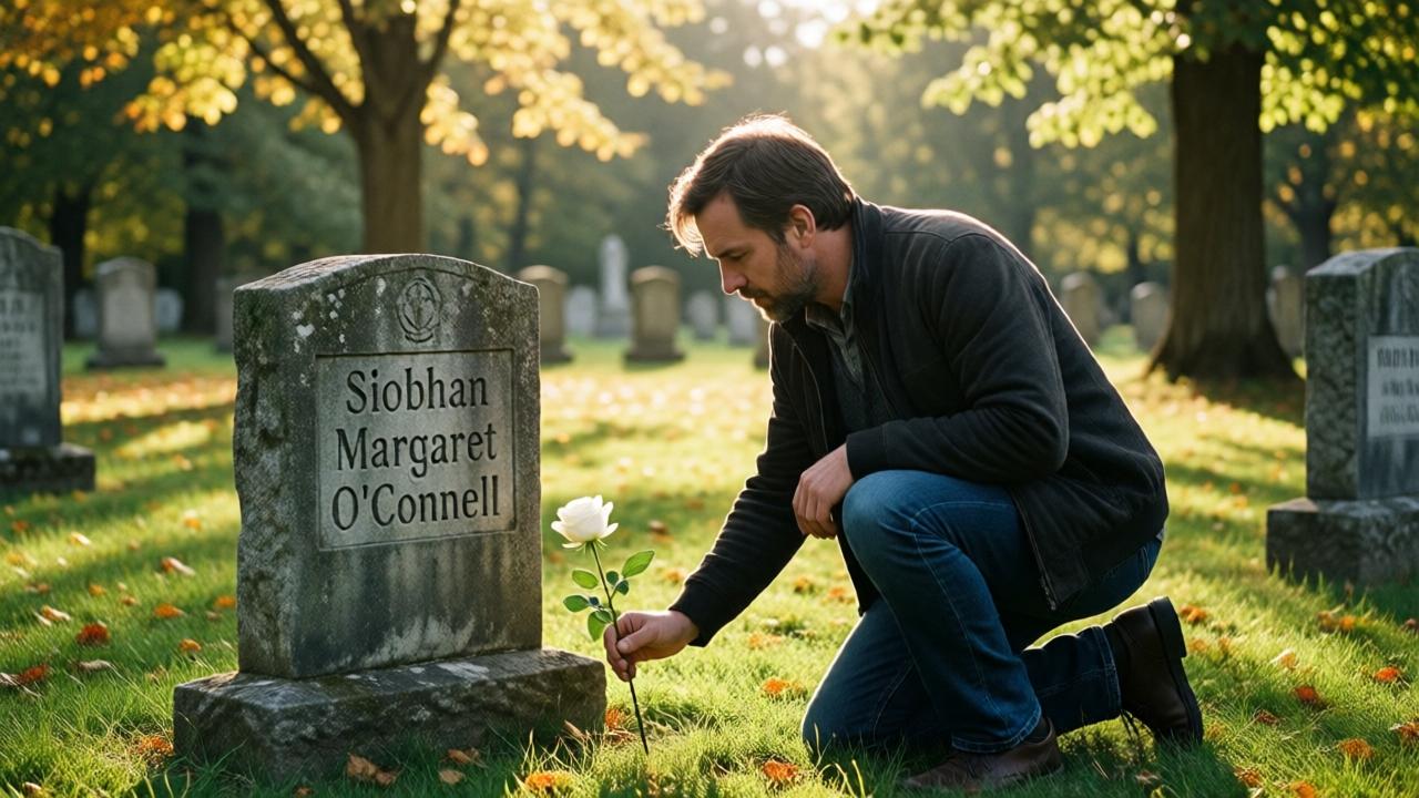 A man kneeling at a simple, weathered gravestone in a quiet, sun-dappled cemetery. The stone reads 'Siobhan Margaret O'Connell'. He is placing a single white rose on the grass. The mood is one of poignant sorrow and reconciliation. The lighting is soft, golden-hour sunlight filtering through autumn leaves, creating a peaceful, almost sacred atmosphere. The perspective is from a slight distance, capturing the solemnity of the moment and the vast, quiet space of the cemetery around him.