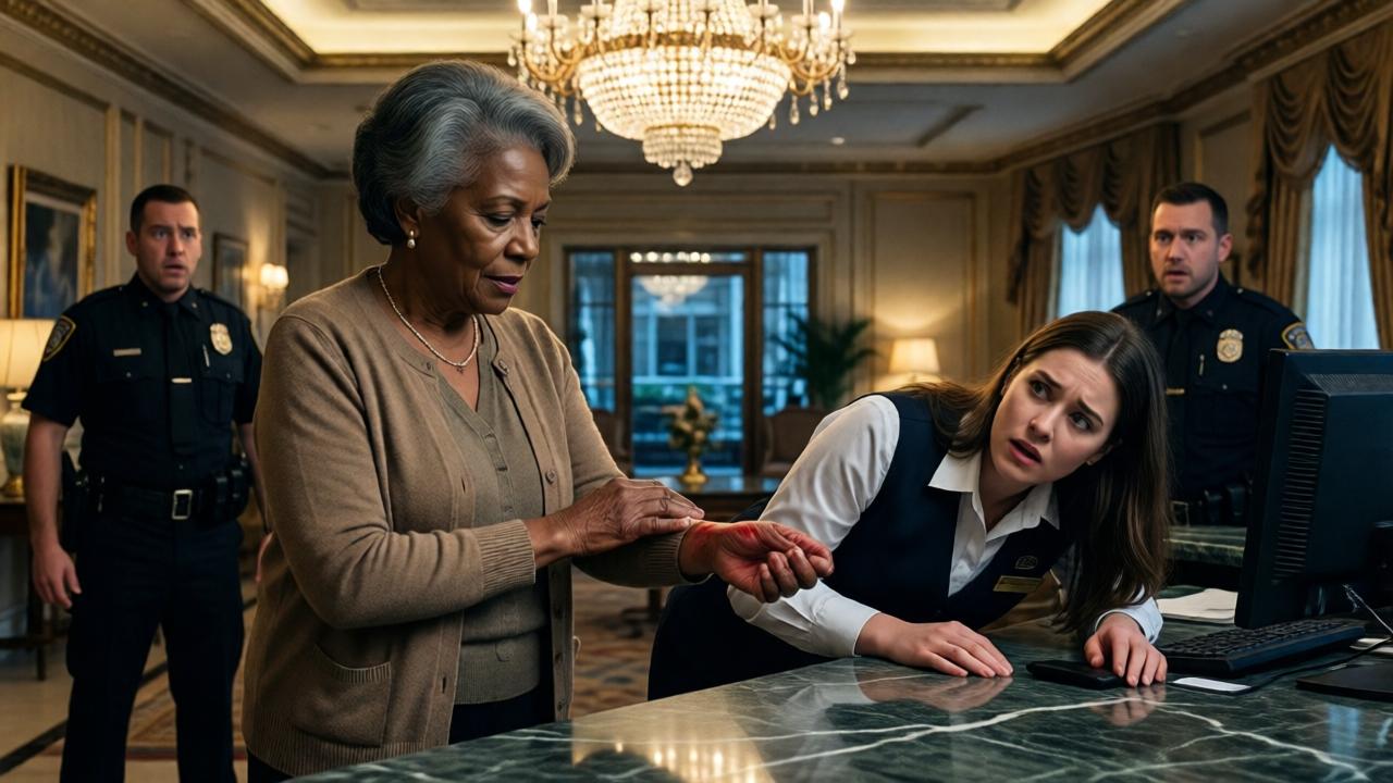 A powerful, cinematic scene in a luxurious hotel lobby. Margaret Bennett, a poised elderly Black woman in a simple cardigan, stands center frame, rubbing red marks on her wrists. A young female clerk, Claire, is collapsed against the marble front desk in shock. Two police officers look stunned in the background. The composition uses dramatic lighting from a giant crystal chandelier, casting long shadows and highlighting the tension. Style is hyper-realistic, mood is tense and consequential, colors are rich golds, deep marbles, and cool blues.