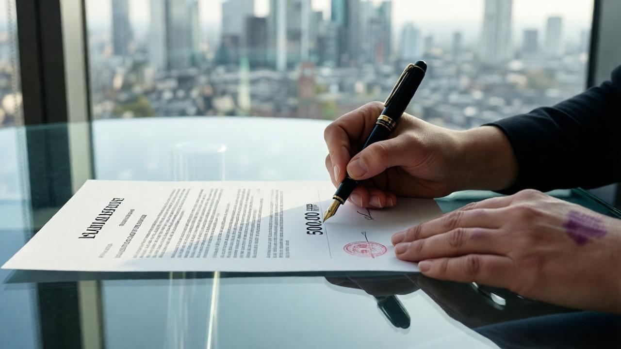 A symbolic image showing a elegant legal document on a glass table, with the amount 500,000 EUR clearly visible. A woman's hands, one with faint purple marks on the wrist, are signing the document with a fountain pen. In the soft-focus background is the skyline of a city. The style is clean and modern, with soft, dramatic lighting from a window. Mood is solemn and just. Colors are muted except for the bold black ink and red legal seals.