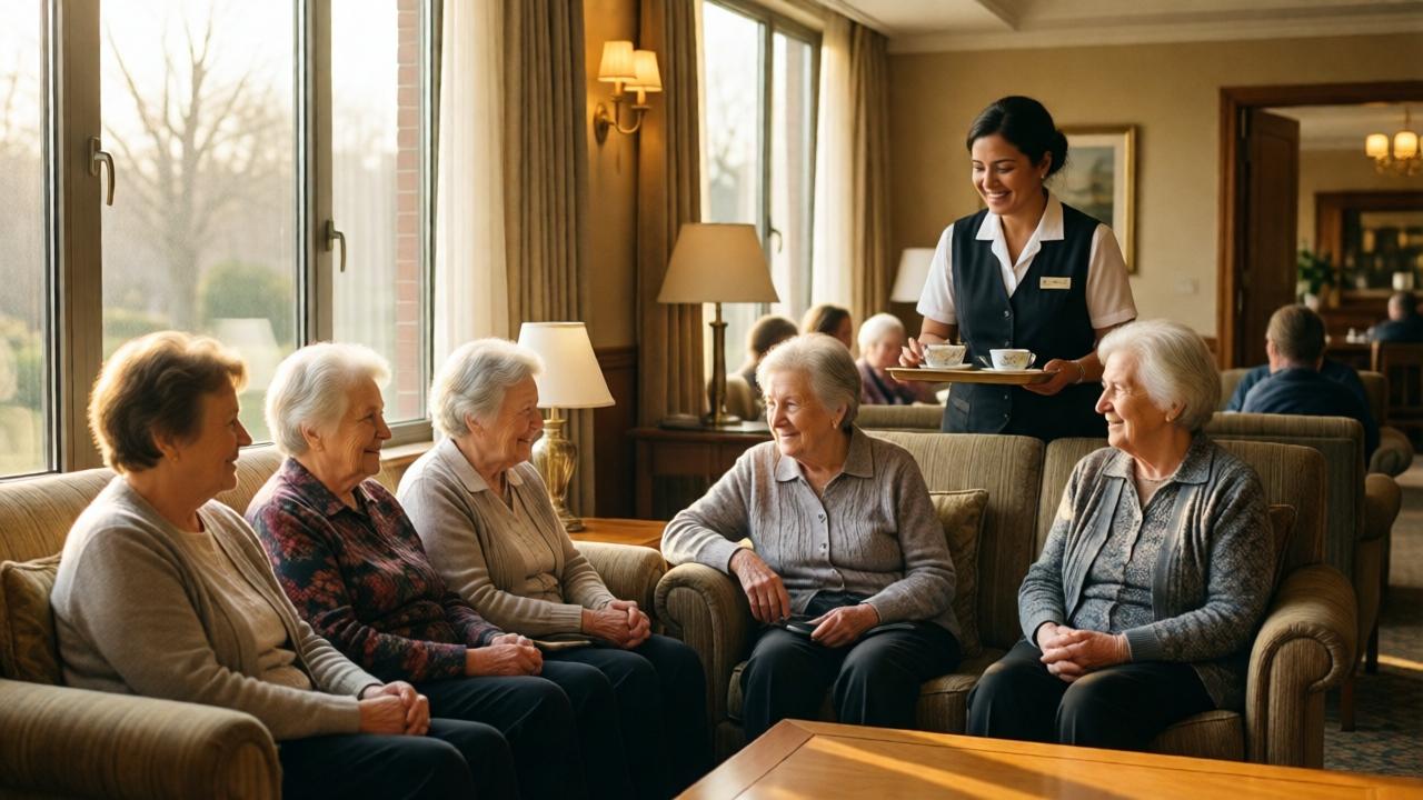 A hopeful scene in the transformed hotel lounge. Sunlight streams through tall windows. Elderly women from diverse backgrounds, some who appear to have experienced hardship, are sitting comfortably on plush sofas, smiling and talking. A former clerk (Claire) is in the background, softly smiling as she offers a tray of tea. The style is warm and photojournalistic, mood is restorative and peaceful, lighting is golden hour glow, colors are soft creams, warm woods, and gentle pastels.