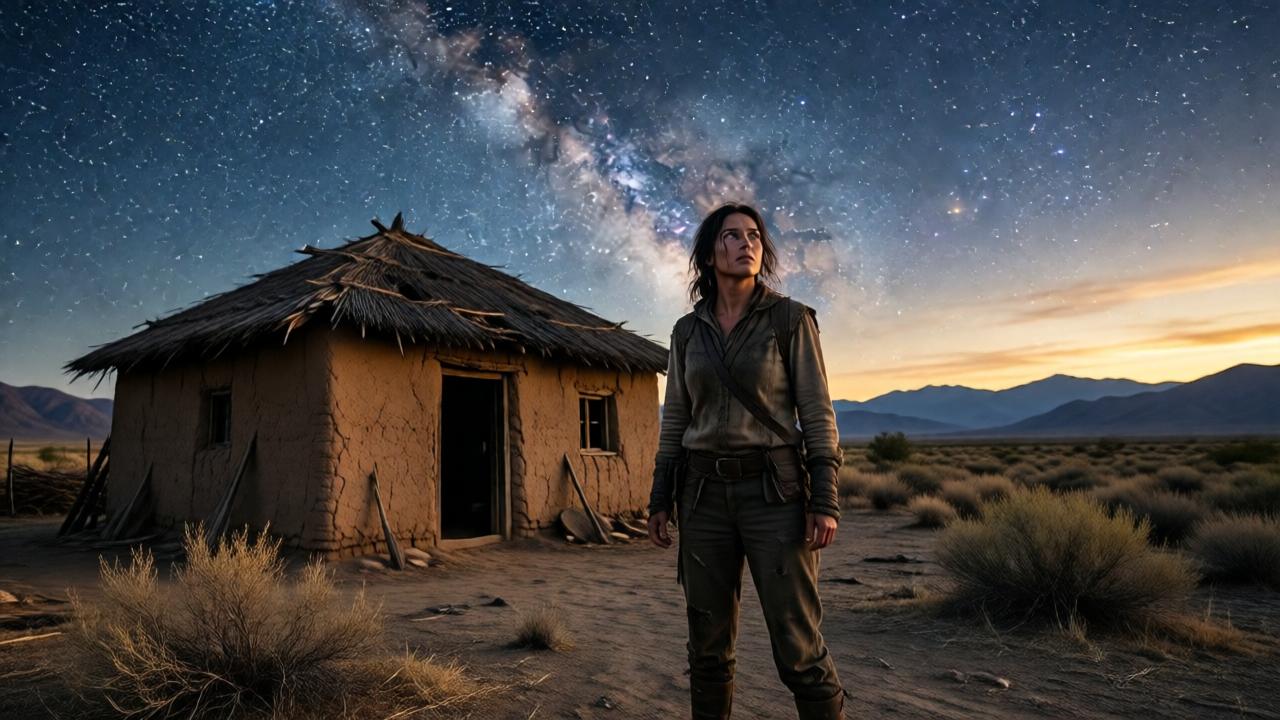 A powerful, cinematic scene at dusk. A determined woman in worn clothes stands before a dilapidated mud hut under a vast, starry sky. The hut's roof has visible holes. The landscape is harsh, with dry brush and cracked earth stretching to distant mountains. The lighting is dramatic, with the last golden light of sunset on the horizon and deep blue twilight above. The woman's posture is resilient, looking up at the stars with a mix of defiance and hope. Style: photorealistic, epic, with a touch of magical realism. Composition: wide shot, low angle to emphasize the woman against the vast sky.