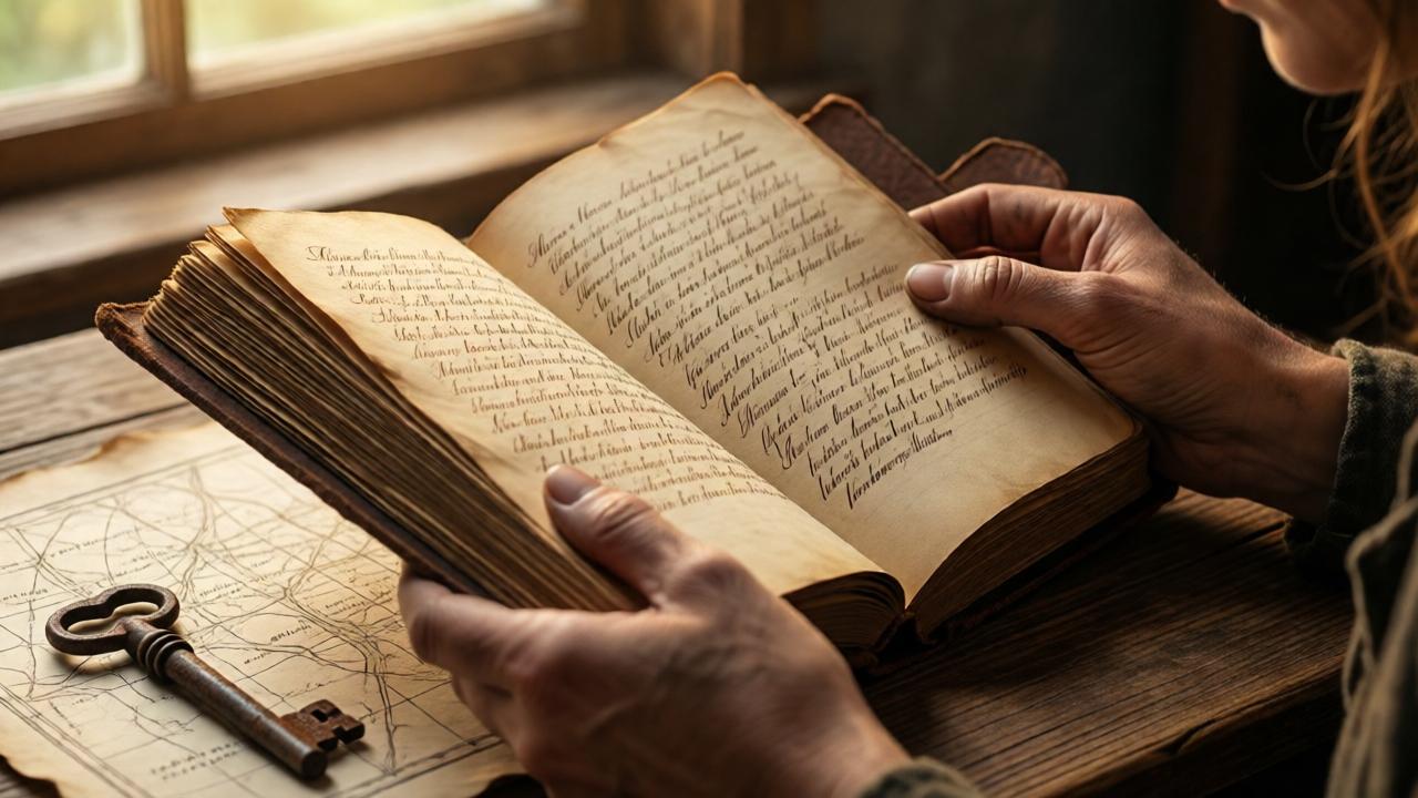 A close-up, intimate shot of a woman's hands, dirty and worn, carefully holding open an ancient, leather-bound diary. The page shows elegant, faded brown ink handwriting. A rustic, rusted key and a hand-drawn map on parchment sit beside the diary. The lighting is warm and directional, like late afternoon sun streaming through a window, highlighting the texture of the paper and the dirt on her skin. The mood is one of profound discovery and awe. Style: detailed photorealistic still life.