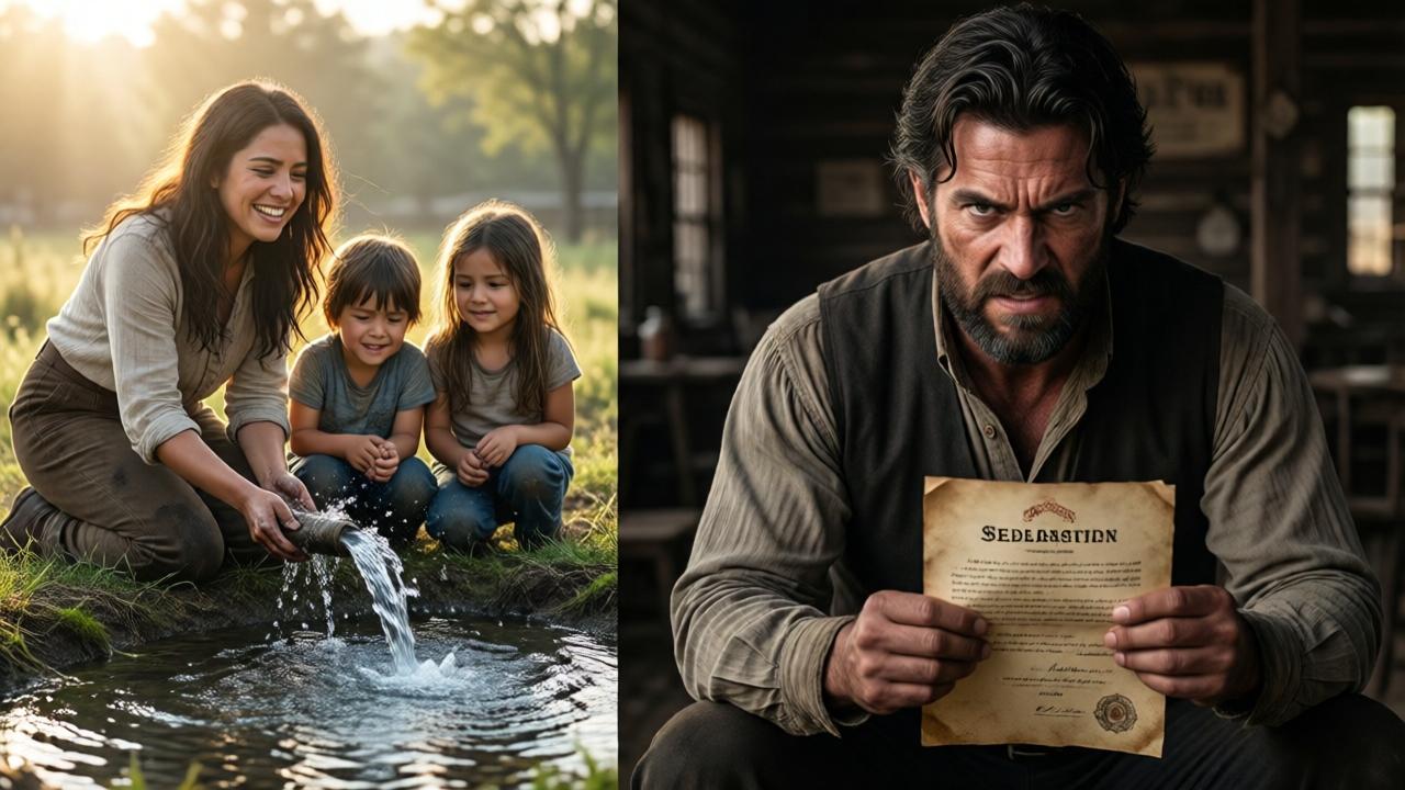 A contrasting scene of two worlds. On the left, in soft morning light, Mariana and her children kneel by a newly revealed, clear water spring bubbling from the earth, their faces lit with joy and relief. On the right, in the harsh shadows of a saloon, her ex-husband Sebastian scowls, gripping a dusty deed, his face a mask of fury and disbelief. The composition is split down the middle, symbolizing their diverging fates. Style: cinematic, dramatic lighting, photorealistic. Mood: juxtaposition of hope and bitter regret.