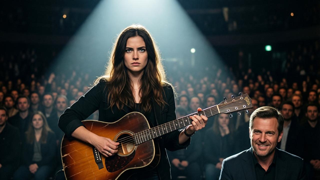 A powerful cinematic shot of a young woman with determined eyes standing alone on a vast, dark stage. She holds a worn, cracked acoustic guitar. A single, dramatic spotlight illuminates her from above, creating a stark contrast with the shadowy, blurred figures of a massive audience and a smirking host in the foreground. The style is photorealistic with a mood of intense anticipation. Lighting is high-contrast and theatrical. Colors are muted except for the warm glow on her face and hands. Composition is centered on her resilient expression.