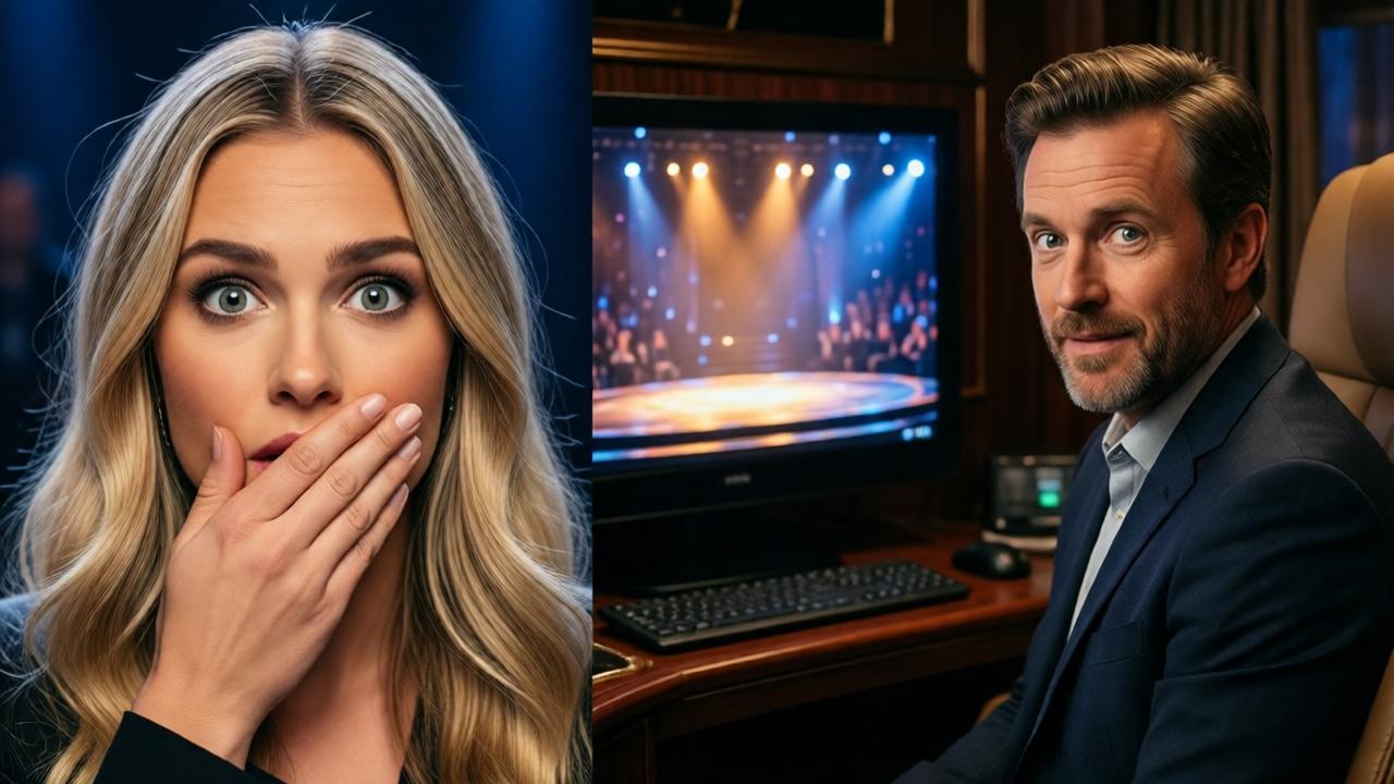 A split-screen reaction shot. On the left, a close-up of the arrogant blonde contestant Victoria, her hand over her mouth, eyes wide with shock and dawning respect. On the right, a medium shot of the contest owner Richard in a luxury booth, watching a stage monitor with intense, calculating eyes and a faint, surprised smile. The style is sharp and photorealistic, capturing the pivotal moment of perception shifting. Mood is revelatory. Lighting contrasts the cool, shadowy booth with the warm glow from the stage monitor on Richard's face.