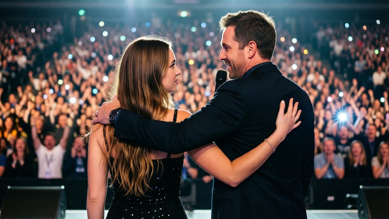 A wide shot from behind Emma on the stage. She is facing a massive, cheering audience that is a blur of light and color. The contest owner Richard stands beside her with a performative, arm-around-her-shoulders pose, holding a microphone. Emma's posture is slightly rigid, her head turned just enough to see his profile, her expression a complex mix of triumph, uncertainty, and wariness. The mood is victorious yet ambiguous. Lighting is bright and flashy from stage lights and camera flashes. The composition emphasizes her small, solitary figure against the overwhelming scale of her new reality.