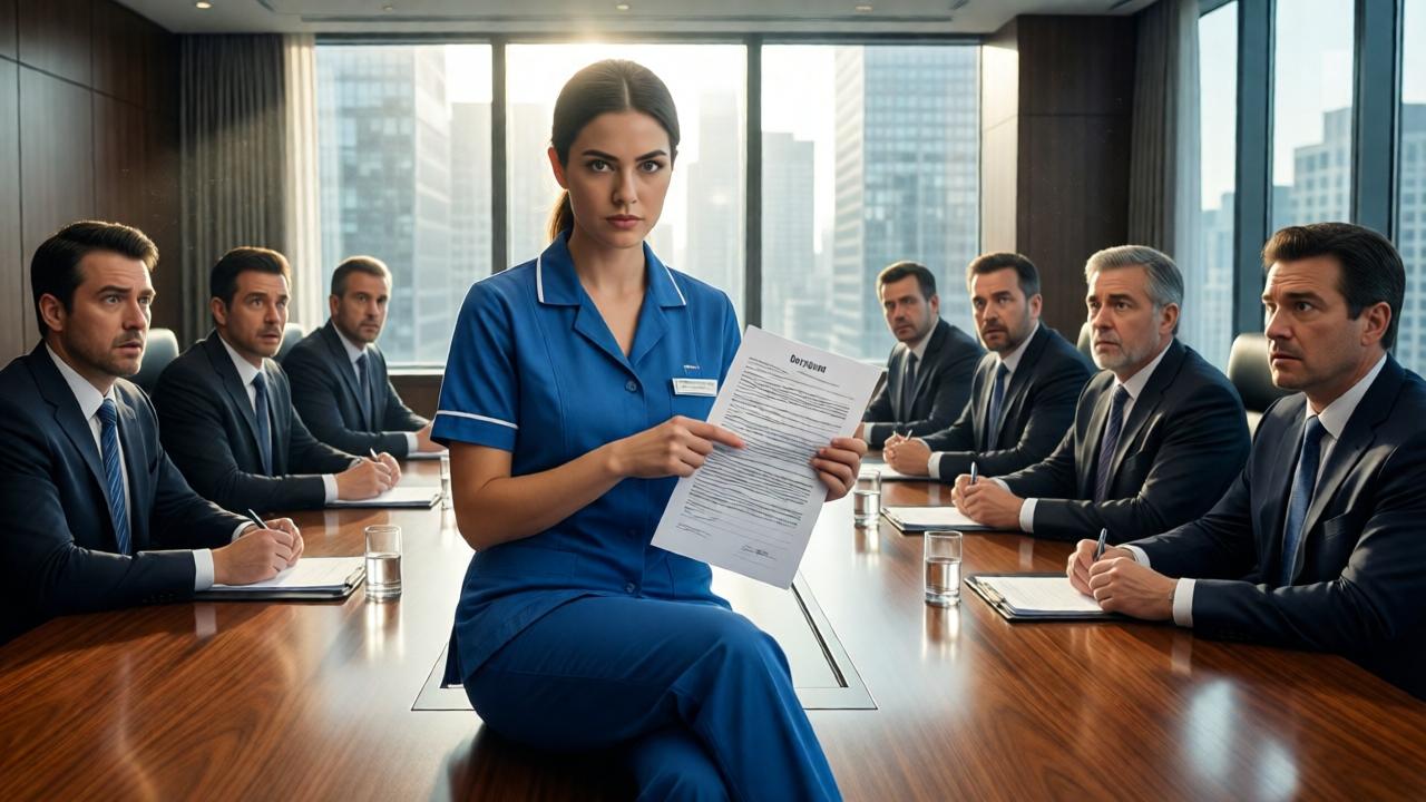 A dramatic, cinematic scene in a modern Manhattan conference room. A young woman in a simple blue cleaning uniform sits confidently at the head of a giant polished mahogany table, surrounded by ten stunned lawyers in expensive suits. She holds a dense legal contract, her finger pointing to a line of text. Morning light streams through floor-to-ceiling windows, illuminating dust motes in the air and highlighting the contrast between her and the opulent room. The focus is on her determined expression and the bewildered faces of the powerful men around her. Style: photorealistic, dramatic lighting, high contrast.