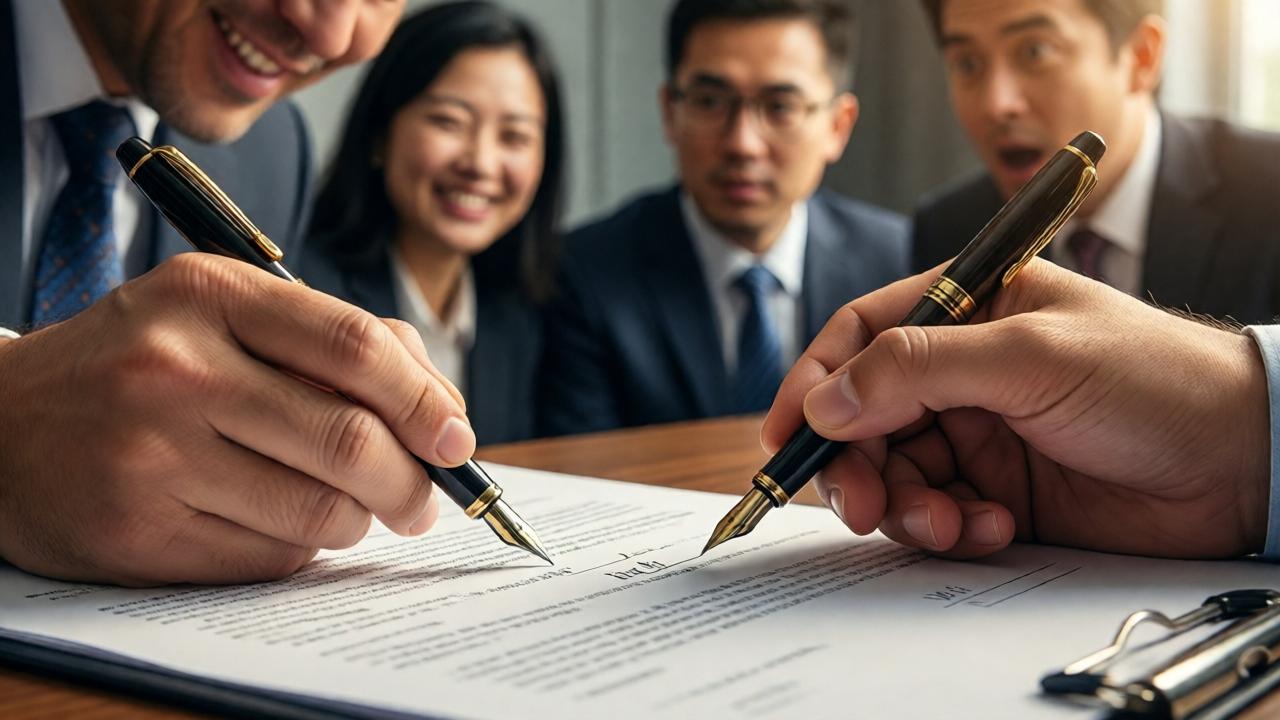 The moment of signing. A close-up shot of a pen poised over the final page of a contract. In the background, blurred, are the relieved smiles of the Chinese investors and the astonished faces of the American lawyers. Clara's hand is visible, gently pointing to the signature line for Mr. Li. The lighting is warm and focused on the document, symbolizing resolution. Style: shallow depth of field, photorealistic, emotional emphasis on the decisive moment.