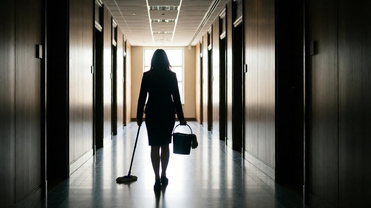 A powerful silhouette shot from behind. Clara, holding her cleaning bucket, walks away down a long, sleek, empty hallway of the law firm towards bright light streaming from a distant window. She is a small, determined figure in the vast, opulent space. The image symbolizes departure, quiet victory, and moving towards a new future. Style: high contrast, cinematic, with dramatic use of light and shadow, evocative and hopeful.