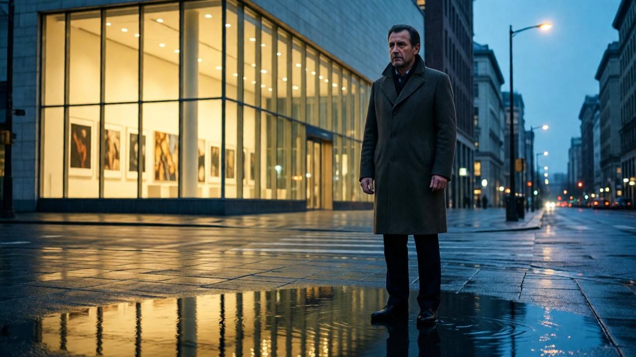 A man in his late 40s, dressed in a fine overcoat, stands alone on a rainy city street at dusk, looking across at a brightly lit modern art gallery with large glass windows. His face is etched with tension and apprehension, reflected in a puddle at his feet. The scene is cinematic, with a mood of solemn anticipation. Lighting is cool and blue from the streetlights, contrasting with the warm, golden glow spilling from the gallery. Composition uses leading lines of the wet pavement. Shot from a low angle to emphasize his isolation.