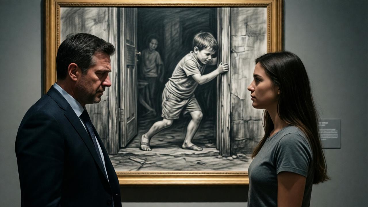 A poignant scene inside an art gallery. A well-dressed, remorseful middle-aged man faces a composed young woman artist in her mid-20s. They stand before a large, dramatic charcoal drawing depicting a cruel scene of a child being cast out. The tension between them is palpable yet quiet. Lighting is dramatic spotlighting on the artwork, casting their profiles in partial shadow. The mood is one of profound reckoning and unspoken history. Shot from a side perspective to capture both their expressions and the powerful art between them.