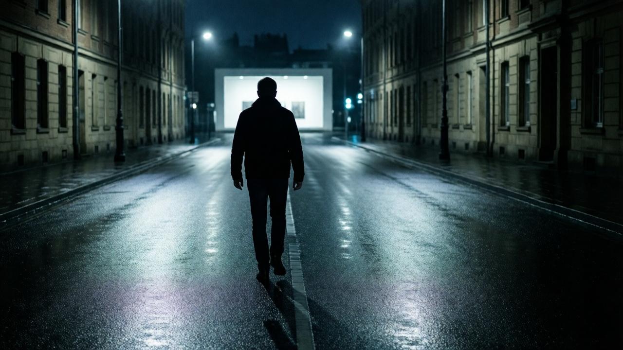 A symbolic shot from behind the man as he walks away from the gallery down a long, empty, rain-slicked street at night. The gallery's light is a distant glow. He carries his own shadow heavily. The mood is melancholic yet introspective, with a sense of a journey just beginning. Lighting is moody, with pools of light from streetlamps creating a stark, lonely atmosphere. The composition uses deep focus, emphasizing the long road ahead. The colors are desaturated blues and blacks.