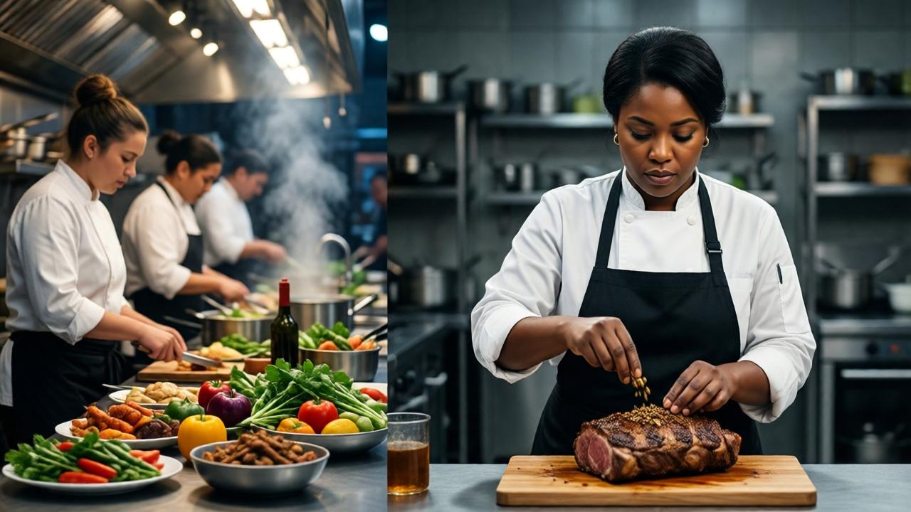A stark, cinematic contrast in a gleaming TV studio kitchen. On the left, a chaotic blur of chefs in white jackets using exotic ingredients under bright lights. On the right, in sharp focus, Tanisha stands calmly at a simple station, her hands gently seasoning a humble piece of chuck roast. The lighting highlights her focused expression and the texture of the meat, while the rest of the scene is slightly muted. Style: photorealistic, dramatic lighting, shallow depth of field. Mood: tense, focused, underdog determination.