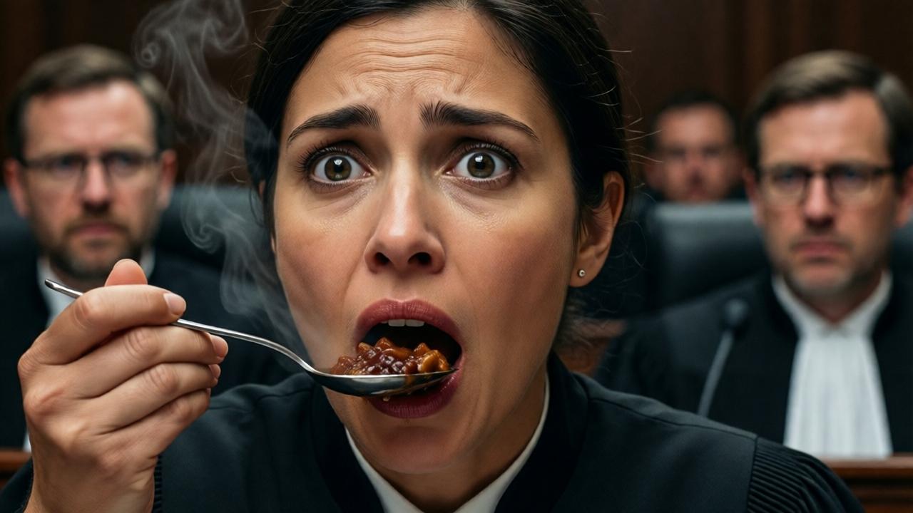 Close-up shot of judge Nikol's face in a moment of profound shock. A spoonful of Tanisha's bourguignon is halfway to her mouth. Her perfectly composed expression has shattered into one of stunned revelation. The lighting is dramatic, catching the gleam in her widened eyes and the steam rising from the spoon. In the soft-focus background, other judges look on in confusion. Style: hyper-realistic portrait, capturing raw emotion. Mood: pivotal, shocking, transformative.