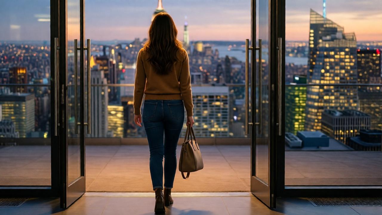 Tanisha walks away from the gleaming TV studio doors at dusk, holding her simple bag. She is not looking back. The city lights of Manhattan are blurring into a bokeh behind her, but the path ahead is clear and warm. Her posture is straight, confident, and peaceful. Style: cinematic, wide shot, beautiful golden hour lighting. Mood: triumphant, hopeful, beginning of a new journey.