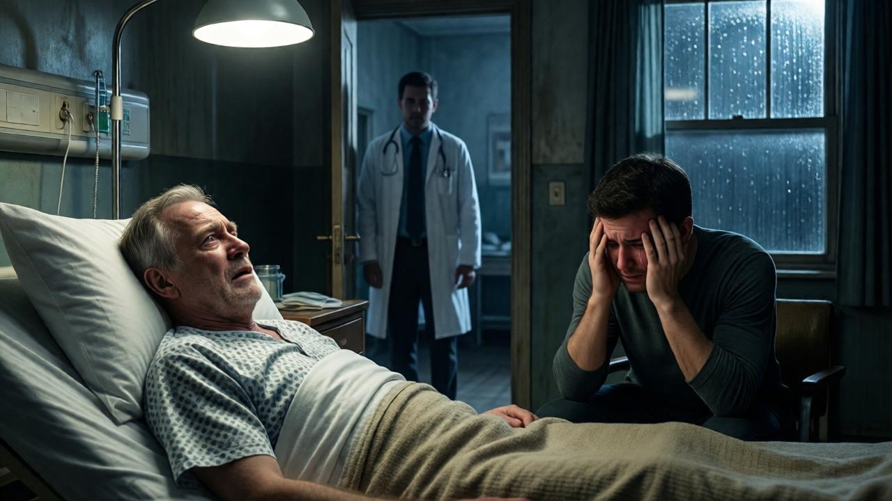 A dramatic, cinematic scene inside a small, rustic hospital room at night. An older man, Robert, lies in a hospital bed, his face pale and etched with horror as he stares at the doorway where a doctor's silhouette has just left. His son, Jason, sits in a chair beside the bed, head in his hands, shoulders shaking with silent tears. The room is lit by the harsh, clinical light of an overhead lamp, contrasting with the dark, rain-streaked window. The mood is one of intense guilt and shock. Composition focuses on the two men, isolated in the frame.