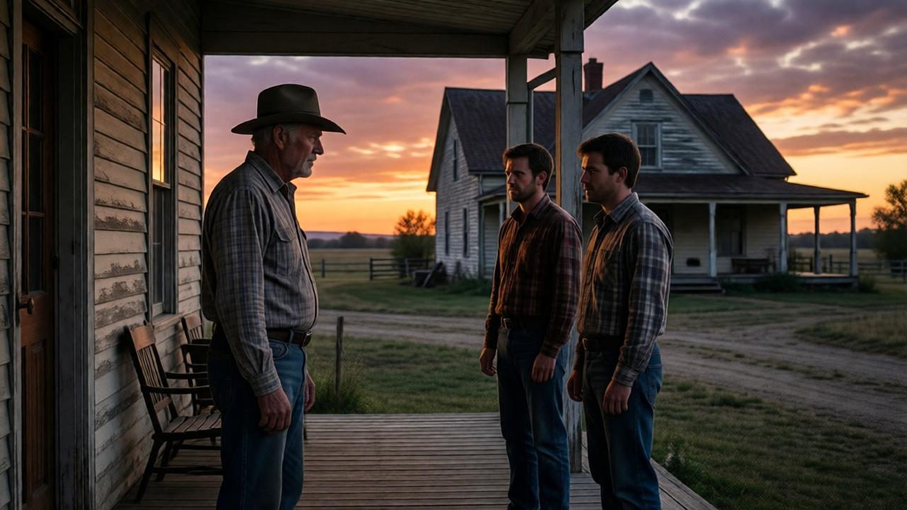 A poignant scene on the porch of a weathered ranch house at dusk. An elderly farmer, Thomas, stands firmly, facing Robert and Jason who look defeated and small. The sky is painted in hues of orange and purple, casting long shadows. The grandeur of the ranch is visible in the background, but it feels empty and foreboding. The mood is one of quiet confrontation and the weight of the past. The composition uses the porch framing to create a sense of judgment and finality.
