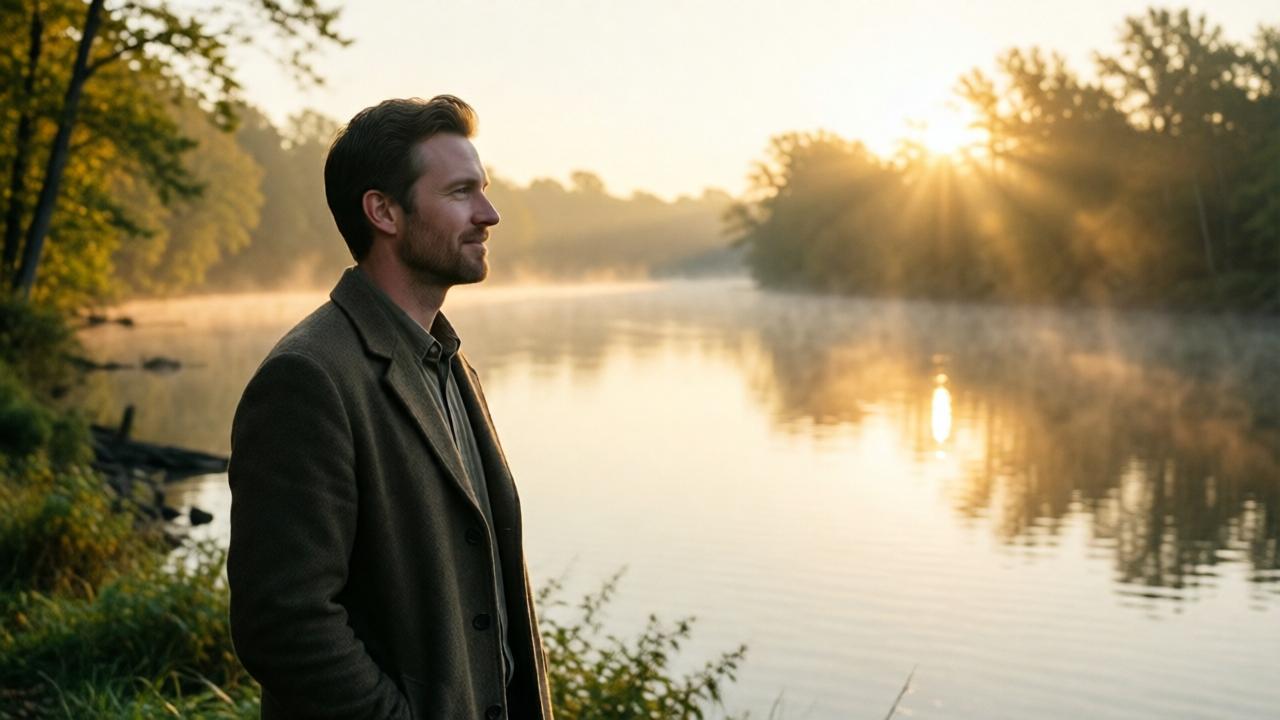A serene, hopeful image of Dr. Ethan Carter as an adult, standing on the bank of the Blackwater River at sunrise. He is dressed in a simple coat, looking out over the calm water with a reflective, peaceful expression. The early morning light filters through mist, creating a golden glow. The scene symbolizes closure and a new beginning. The composition is wide, showing the beautiful, peaceful landscape that once was a site of trauma, now reclaimed.