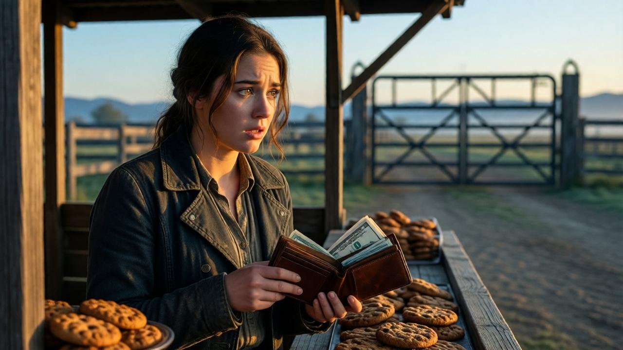 A detailed, photorealistic scene of a young woman, Clara, standing at a rustic wooden cookie stall at dawn. She holds an open, expensive-looking leather wallet, her expression a mix of shock and honesty. The early morning light casts long shadows, highlighting the texture of the cookies and the crisp bills inside the wallet. In the background, the imposing gates of a large ranch are slightly out of focus. The mood is tense and decisive, with a color palette of warm golds and cool blues.