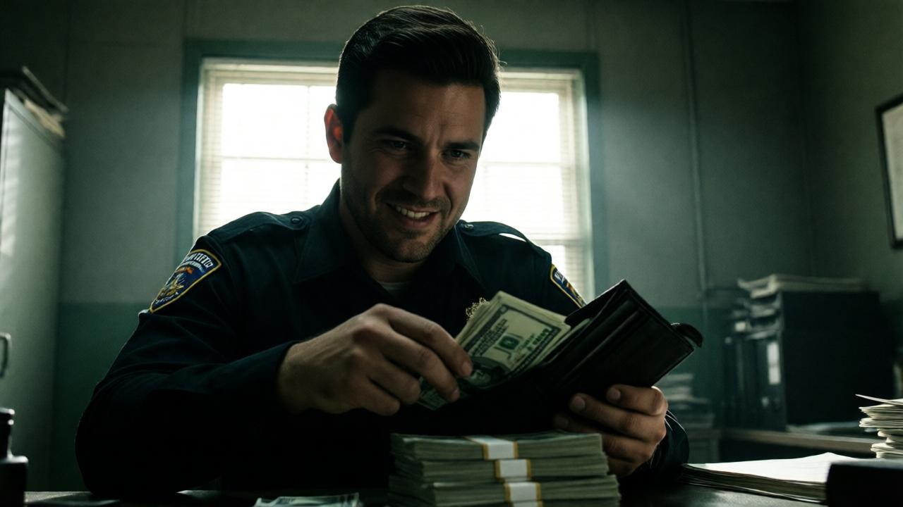 A dramatic, cinematic shot from a low angle inside the ranch's security office. Luis, the guard, is silhouetted against a window, holding the open wallet. His face is half in shadow, lit by the harsh fluorescent light of the room, revealing a greedy, triumphant expression. He is counting a thick stack of bills. The mood is dark and suspenseful, with high contrast lighting and a color scheme of deep greens and metallic grays, emphasizing his moral descent.