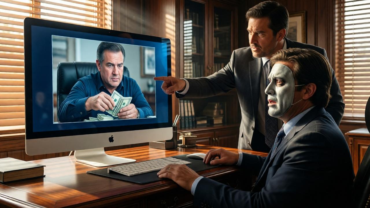 A tense, high-detail scene in a luxurious ranch office. Ricardo, the ranch owner, stands pointing at a large computer monitor on his mahogany desk. On the screen, a frozen video frame clearly shows Luis stealing the money. Luis is in the foreground, his face a mask of sheer panic and guilt, caught in the act. The afternoon sun streams through the blinds, creating dramatic stripes of light and shadow. The mood is one of shocking revelation and comeuppance, with rich wood tones contrasting with the cold blue light of the monitor.