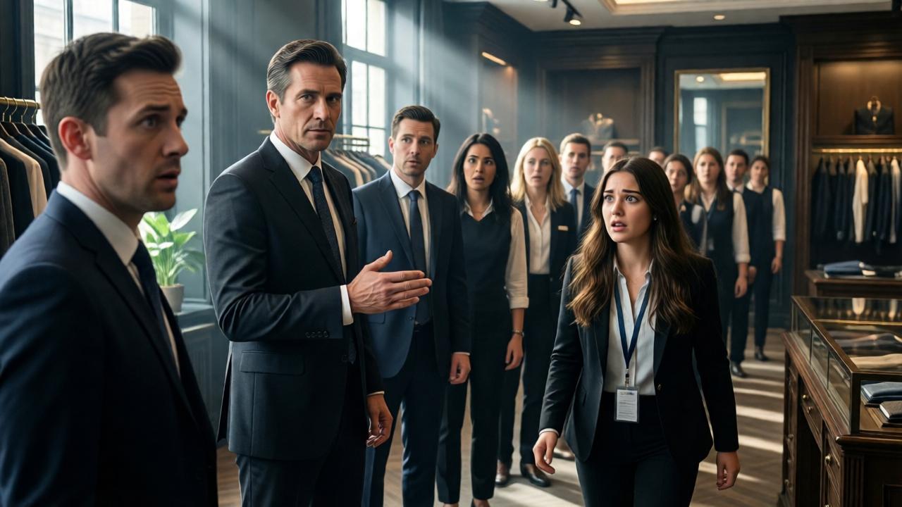 A dramatic scene inside a high-end boutique. The founder, Harry Gerson, now in a sharp suit, stands with calm authority addressing a line of stunned employees. The manager, Craig, looks horrified and pale in the foreground. The young intern, Leah, is stepping forward from the line, a mix of shock and hope on her face. Lighting is dramatic, with shafts of light from the store windows highlighting the tension. The composition is wide, capturing the reactions of every staff member. Style is cinematic realism.