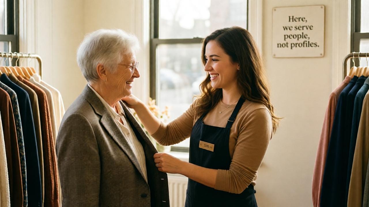 A heartwarming, hopeful image set in the same boutique a week later. Leah, now dressed as the manager, is confidently helping an elderly customer try on a blazer. The atmosphere is warm, inclusive, and welcoming. Sunlight streams through the windows. On the wall is a new, simple plaque that reads: 'Here, we serve people, not profiles.' The style is bright and uplifting, with a focus on genuine human connection and the changed mood of the space.
