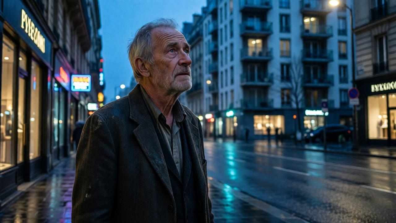 A poignant scene of an elderly man, Pierre, standing on a rainy city street at dusk. He wears worn, ill-fitting clothes and looks lost. The lighting is dim and blue, with neon signs from luxury storefronts reflecting on the wet pavement. The composition uses a shallow depth of field, focusing on his weary, hopeful expression as he looks up at the modern apartment building where his daughter lives. The mood is one of isolation and anticipation.