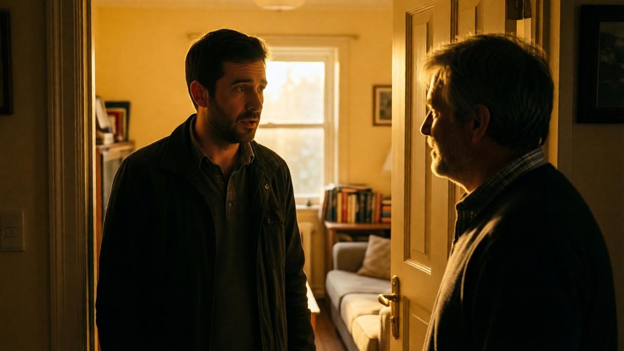 The door of a small, warmly lit home opens. Lucaro, a man in his thirties with a kind, concerned face, is silhouetted in the golden light from within. His expression shifts from surprise to immediate, unwavering compassion as he sees his disheveled father. The interior shows a cozy, humble living room with books and a simple sofa. The mood is a stark contrast to previous scenes—warm, inviting, and emotionally charged. The lighting is soft and yellow, casting a hopeful glow.