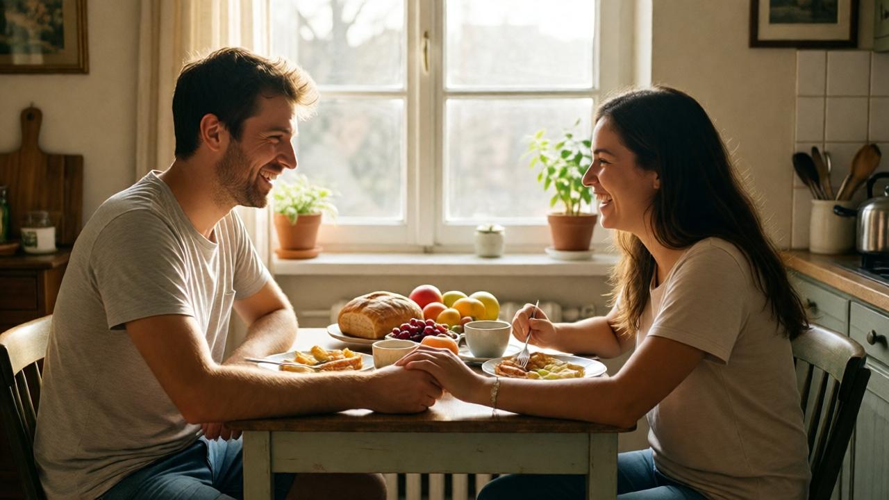 A warm, intimate morning scene in a cozy kitchen. Pierre, now clean and wearing simple but clean clothes, sits at a small table with Lucaro and Lina. They are sharing a simple breakfast—bread, fruit, coffee. Sunlight streams through a window, illuminating their faces filled with easy laughter and connection. The composition is close and personal, focusing on their joined hands on the table. The mood is one of peace, family, and hard-won contentment.