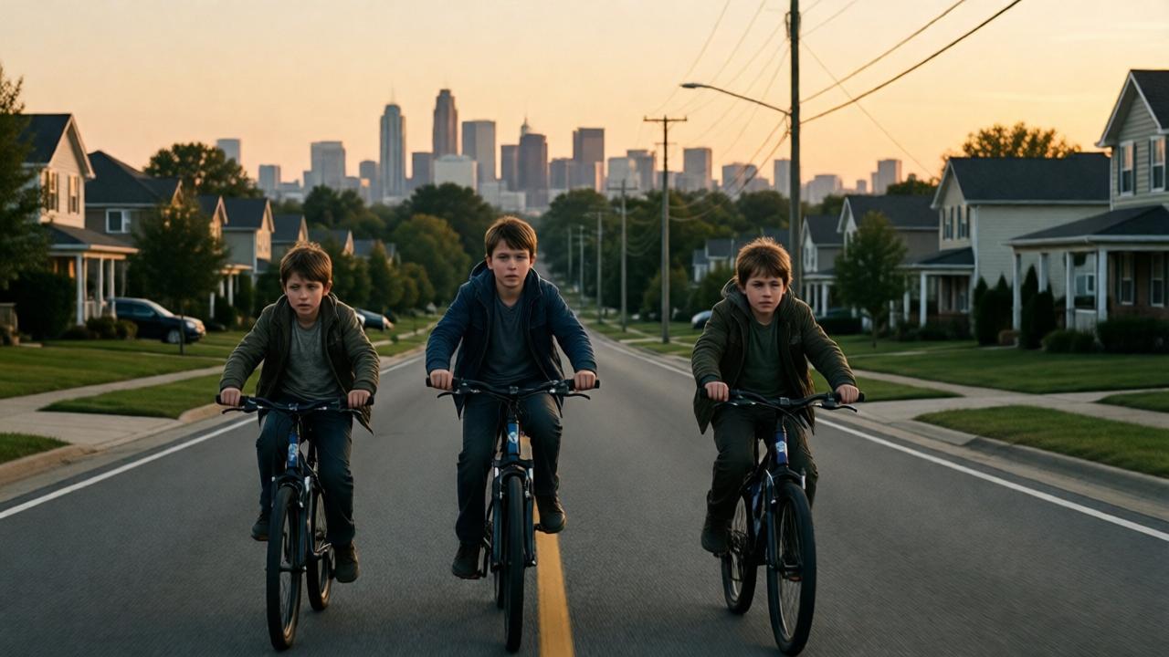A cinematic scene of three young boys on bicycles, Frank, Brad, and Kevin, looking determined as they pedal away from their quiet suburban neighborhood of Middleton towards the distant skyline of a big city at dusk. The mood is one of youthful adventure and slight apprehension, with warm golden hour lighting casting long shadows. The composition is a medium-wide shot from a low angle, emphasizing their small figures against the vast road ahead.