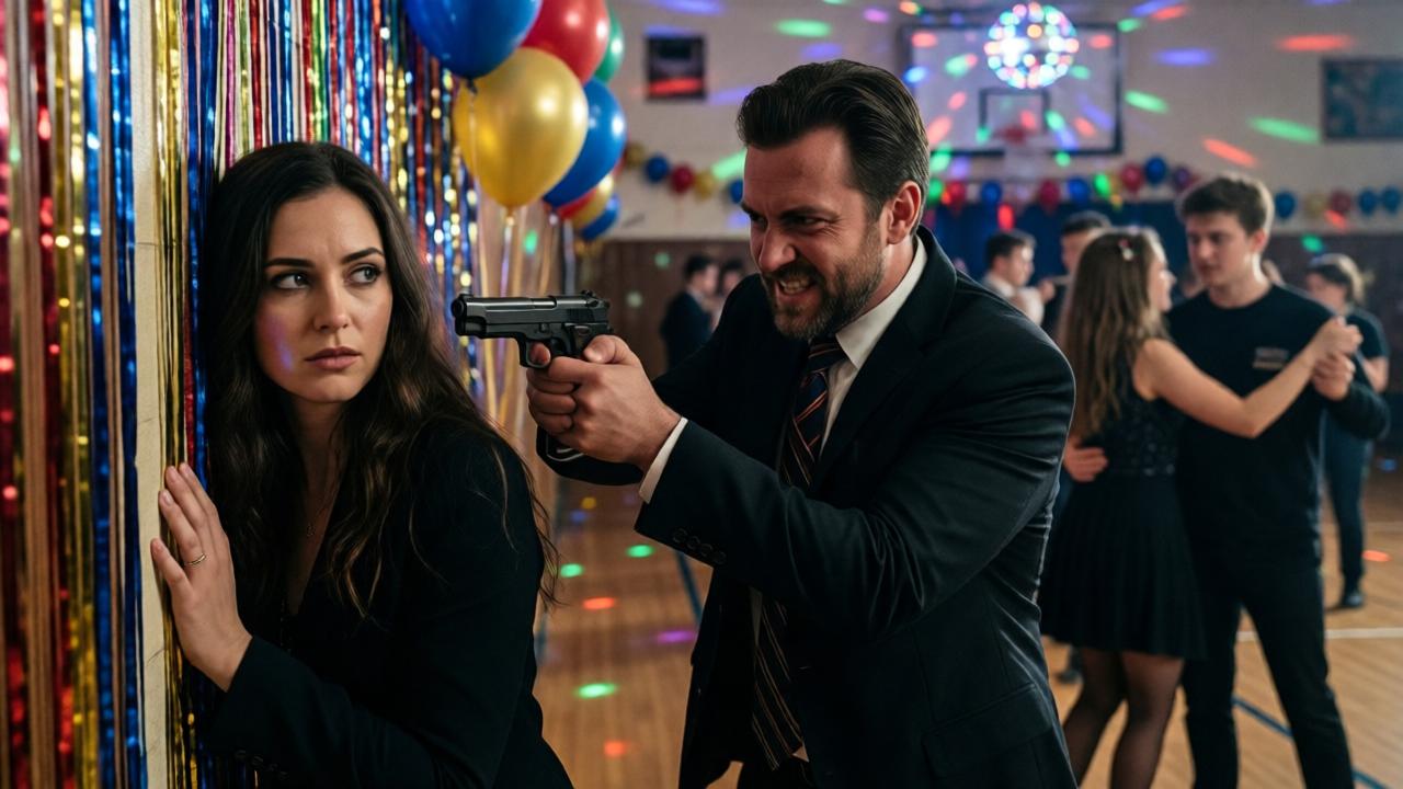 A tense moment inside a decorated school gymnasium during a dance. The mysterious woman V is cornered against a wall of streamers and balloons by the menacing figure of Waltzer, who holds a gun pointed at her. The mood is high-stakes and claustrophobic, lit by the chaotic spinning lights of a disco ball. In the blurred background, teenagers are dancing unaware, creating a stark contrast to the foreground danger. The composition is a tight, dramatic close-up on their faces.