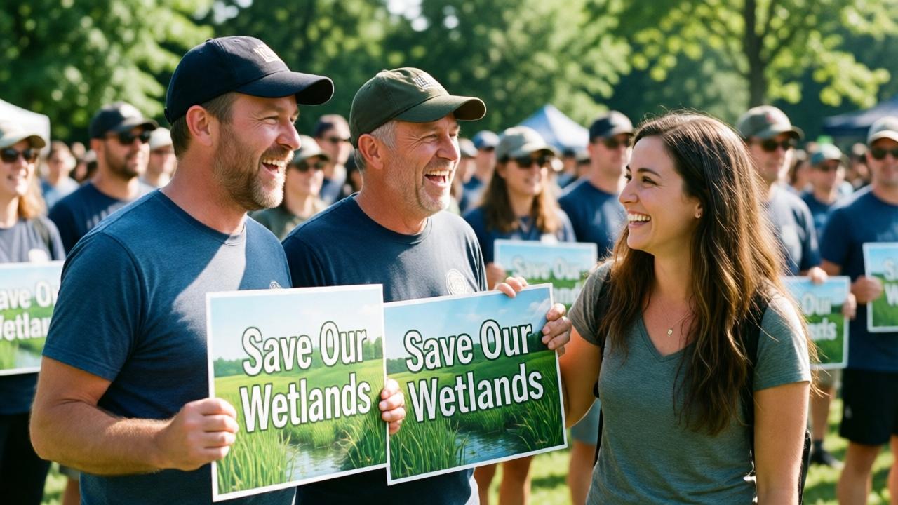 A heartwarming, sun-drenched finale scene at a community rally in a park. Tom and Frank Wheeler stand cheering in a crowd, holding 'Save Our Wetlands' signs. From the side, V appears, smiling warmly as she joins them, symbolizing her arrival into their lives for good. The mood is joyful and hopeful, with bright, natural lighting and vibrant green surroundings. The composition is a medium shot capturing the emotional moment of their reunion, with the supportive community blurred in the background.