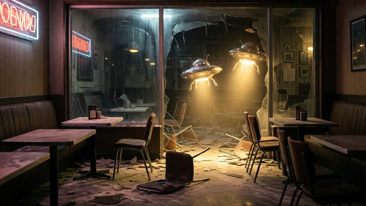 A cinematic scene inside the vandalized cafe at night. Broken chairs and overturned tables are scattered, flour is spilled on the floor, and a neon sign flickers. Through a grimy window, two small, metallic, flying saucer-like creatures with glowing undersides hover, casting a warm, golden light on the destruction. The style is realistic with a touch of magical realism, mood is hopeful amidst despair, lighting is dramatic with high contrast between shadow and the creatures' glow, colors are muted browns and grays with accents of warm gold. Composition focuses on the creatures' entrance as a beam of light, perspective is from inside the cafe looking out.