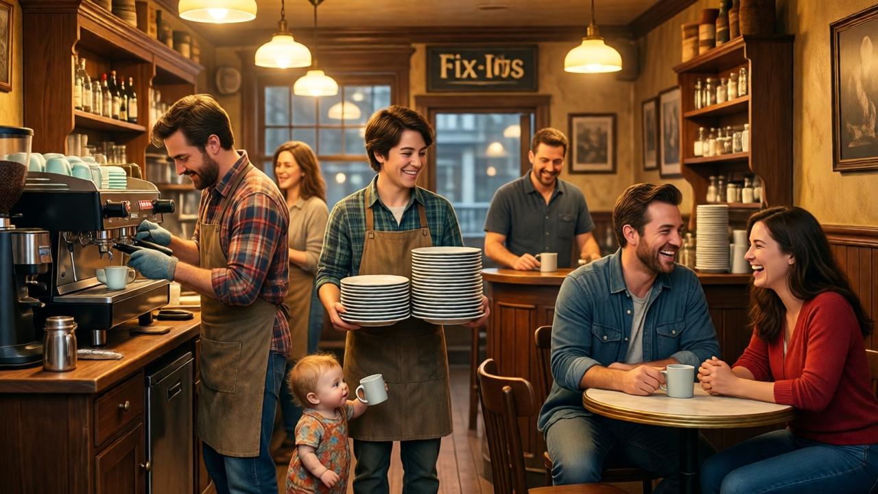 A warm, intimate scene in the revived cafe. The Fix-Its, now a small family, are busy at work: one polishes a coffee machine, another carries a stack of clean plates, and a baby creature nudges a mug toward a smiling customer. Frank is at the counter, Faye beams nearby, while Mason and Marisa share a table, laughing and holding hands. The style is heartwarming and detailed, mood is joyful and communal, lighting is soft and golden from hanging bulbs, colors are rich and inviting with warm wood tones and pops of color. Composition is bustling but balanced, perspective is at eye level from within the cozy space.