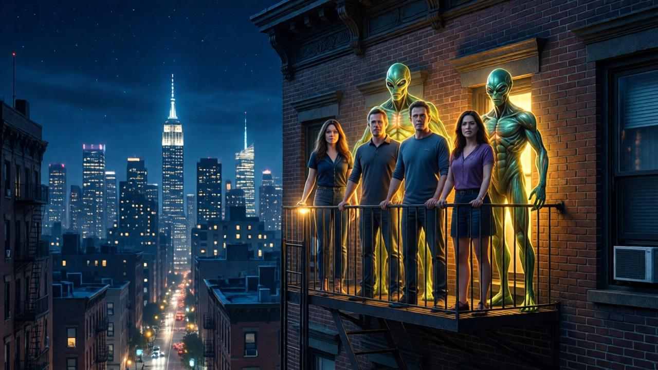 A powerful night scene on the building's roof. The Fix-It family is gathered, their undersides glowing brightly like beacons against the dark skyline of New York. Below, Frank, Faye, Harry, Mason, and Marisa stand together on the fire escape, looking determined and united. The mood is defiant and hopeful, style is epic and cinematic, lighting is dramatic with the creatures as the main light source against deep blues and blacks of night. Colors are cool night tones contrasted with the warm, vibrant glow of the aliens. Composition is wide, showing the small building standing tall against the city, perspective is from a low angle looking up at the tenants and their glowing guardians.