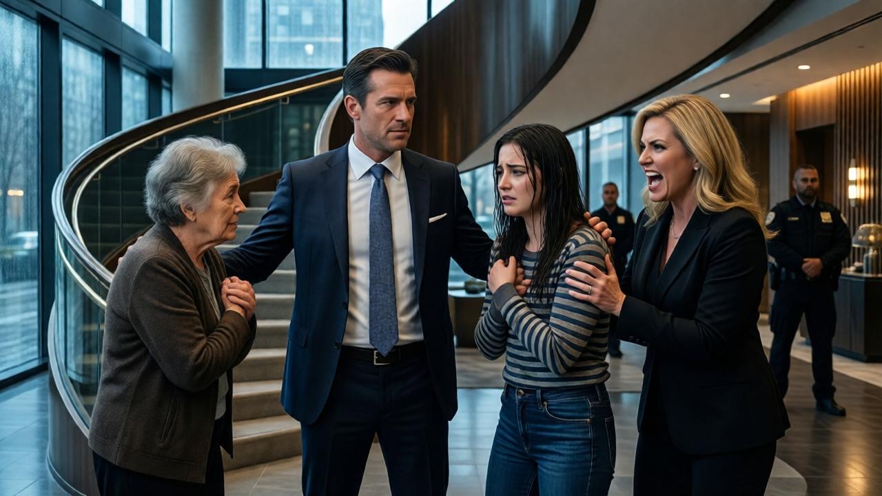 A dramatic scene in a luxurious, modern corporate lobby with a central spiral staircase. A powerful, well-dressed man in his forties (CEO Ethan) stands authoritatively between a distressed, soaking-wet young woman (Ivy) shielding an elderly woman and a furious, impeccably dressed blonde woman (Brenda). The lighting is dramatic, with cool tones from the rainy windows contrasting with warm interior lights, casting long shadows. The composition is cinematic, capturing the tense standoff, with security guards frozen in the background. Style: photorealistic, high contrast, mood of intense confrontation.