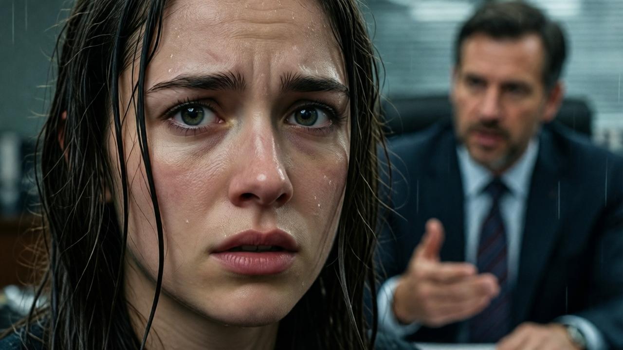 A close-up, intimate shot of Ivy's face, reflecting a mix of shock, defiance, and relief. She is still wet from the rain, strands of hair stuck to her cheeks, but her eyes are clear and strong. In the slightly blurred background, the CEO is seen speaking authoritatively to the HR director. The lighting is soft and focused on Ivy, highlighting the water droplets on her skin and the emotional depth in her expression. Style: cinematic portrait, shallow depth of field, mood of resilience and quiet victory.