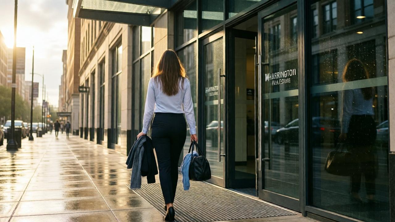 A hopeful, sun-drenched shot from behind Ivy as she exits the sleek glass doors of the Harrington Real Estate building. The rain has stopped, and the wet city pavement glistens under a break in the clouds. She is wearing clean, professional attire, carrying her damp clothes in a bag. Her posture is straight, confident, looking toward the future. The composition is wide, showing the scale of the building she just left, symbolizing a journey's end and a new beginning. Style: inspiring, bright, cinematic, mood of optimism and quiet strength.