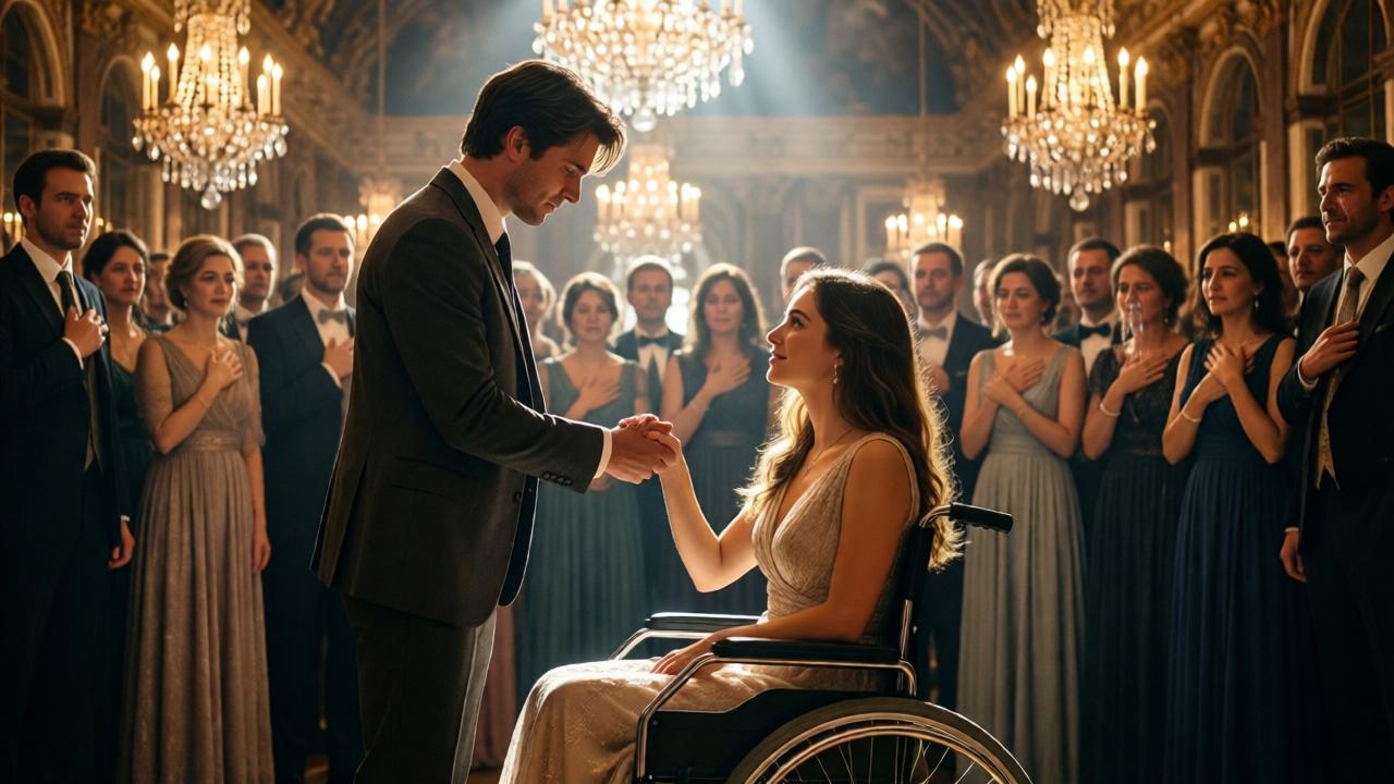 A dramatic, cinematic scene in a luxurious ballroom. A young man in a modest dark suit gently holds the hand of a radiant young woman in an elegant wheelchair. They are the focal point, surrounded by a blurred crowd of formally dressed guests who are all watching them, some with hands over their hearts, others wiping tears. The lighting is warm and golden, streaming from enormous crystal chandeliers, creating a spotlight effect on the pair. The mood is one of profound emotional breakthrough and silent awe. Shot from a low angle to emphasize their significance.